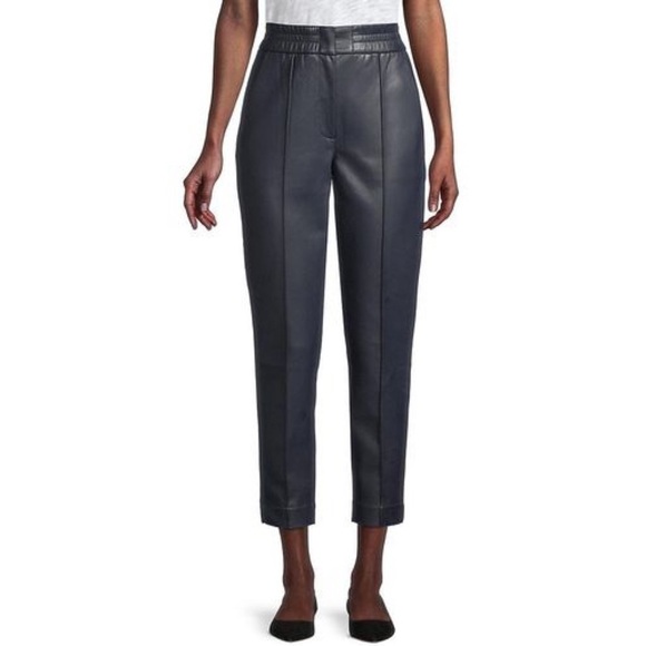 Rebecca Taylor Pants Vegan Leather Track Pant Crop Dark Navy Blue 14 NWT New - Picture 1 of 13